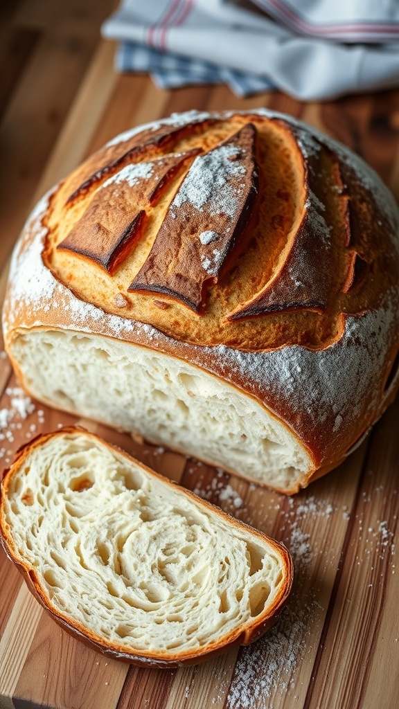 Artisan sourdough bread with a golden crust and airy crumb on a wooden board.